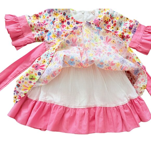 Baby Girls Floral Easter Bunny Dress Ruffled Sleeves Back Bow Ties 80cm 12-18M - Picture 5 of 9